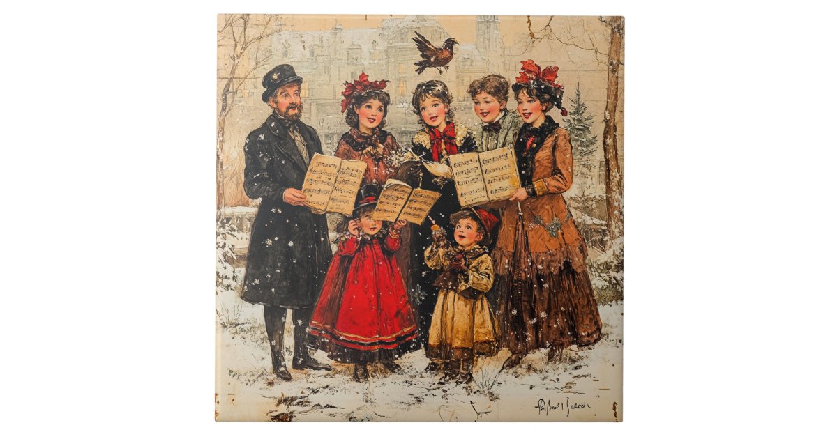 Vintage Holiday Carolers Ceramic Tile | Zazzle