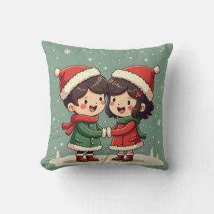 Vintage Holiday Cartoon Couple Throw Pillow