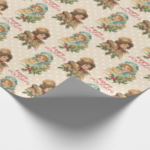 Vintage Holiday Christmas Holly Girls Polka Dots Wrapping Paper