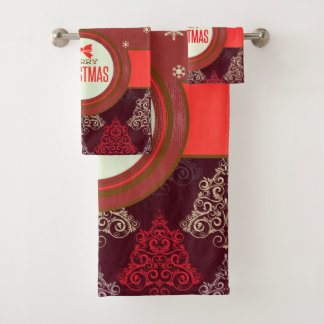 Vintage Holiday Christmas Tree & Ornament Pattern Bath Towel Set