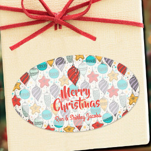 Vintage Holiday Christmas Tree Ornaments Oval Sticker