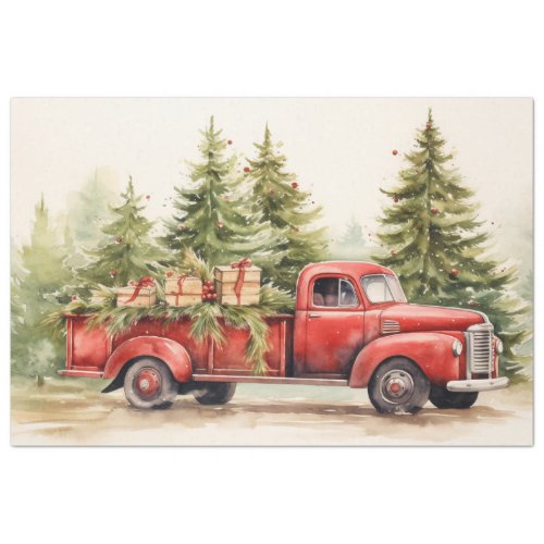 Vintage Holiday Delight Red Truck Christmas Trees Tissue Paper