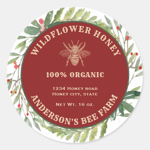 Vintage holiday floral wreath bee  honey jar label