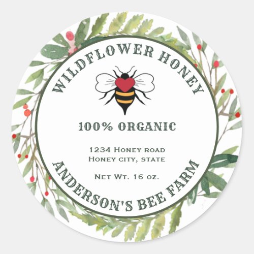 Vintage holiday floral wreath bee  honey jar label