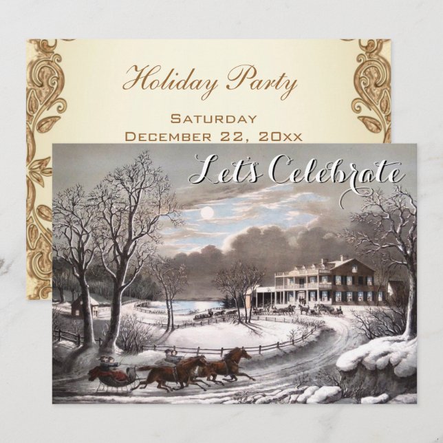 Vintage Holiday Ives Christmas Party Invitation (Front/Back)