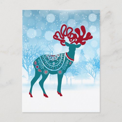 Vintage Holiday Red Blue Scandinavian Moose  Postcard