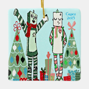 Vintage Holiday Robots and Trees Ceramic Ornament