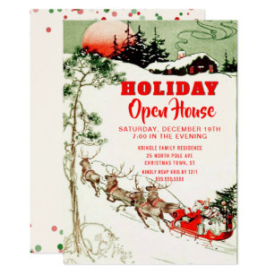 vintage holiday santa reindeer open house party invitation
