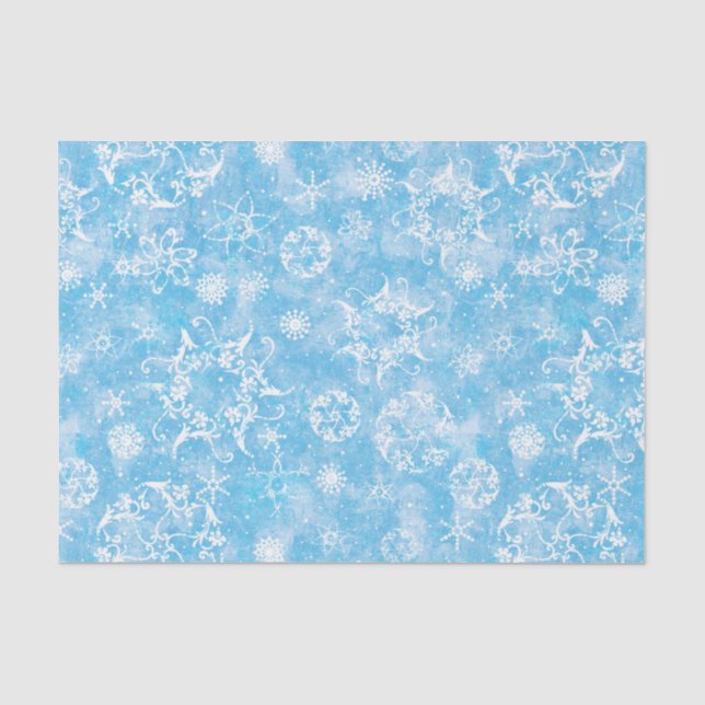Vintage Holiday Snowflakes on Blue Decoupage Tissue Paper (Front)