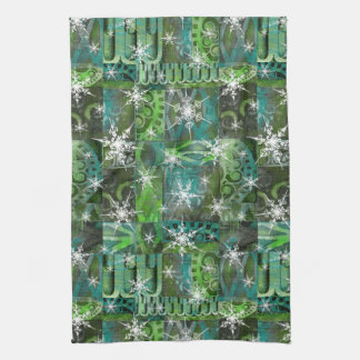 Vintage Holiday Teal Green Snowflakes Architecture Kitchen Towel