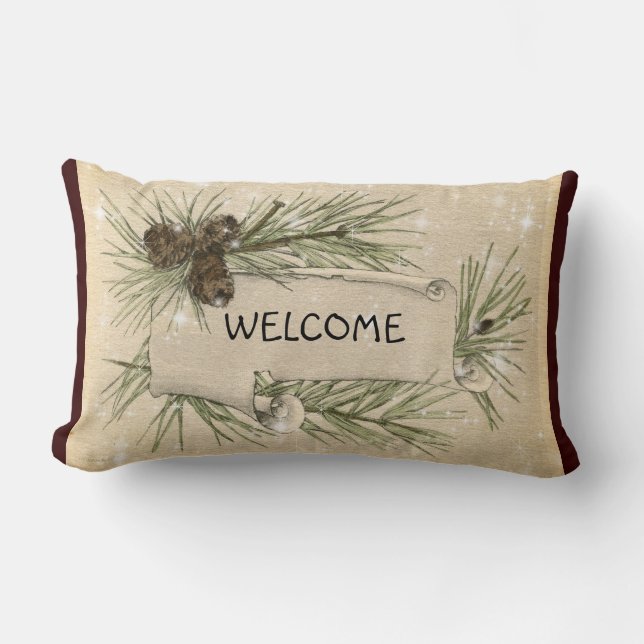Vintage Holiday Welcome Pillow Pine Cones (Front)