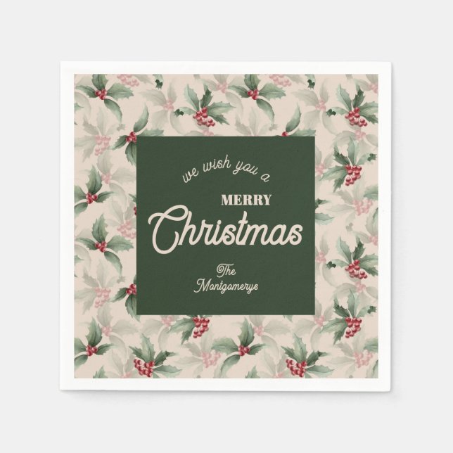 Vintage Holly and Berries Merry Christmas Napkins (Front)