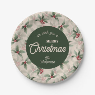 Vintage Holly and Berries Merry Christmas Paper Plates