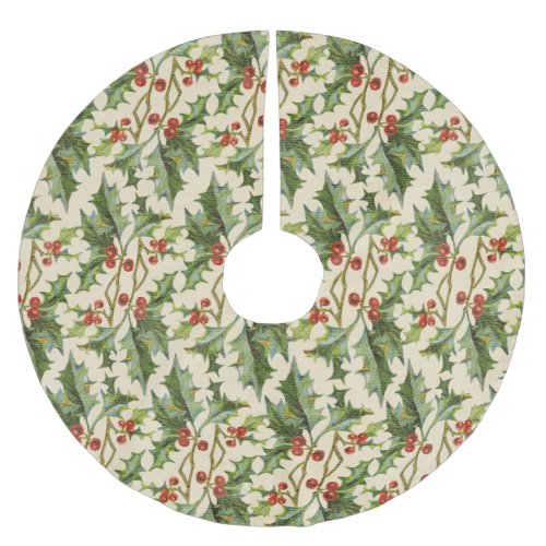 Vintage Holly and Berry Pattern Christmas Brushed Polyester Tree Skirt