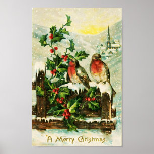Vintage Holly and birds Christmas Poster
