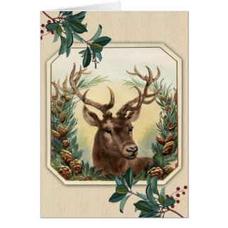 Vintage Holly and Christmas Deer Card 