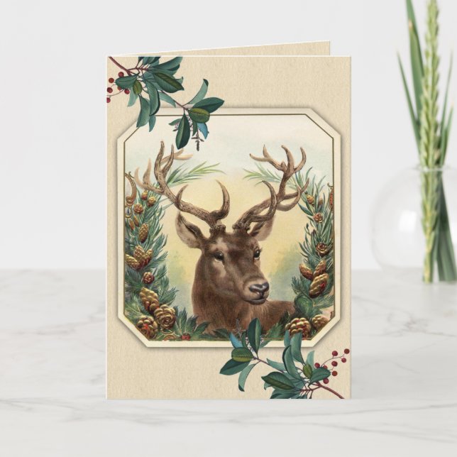 Vintage Holly and Christmas Deer Holiday Card (Front)