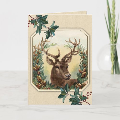 Vintage Holly and Christmas Deer Holiday Card