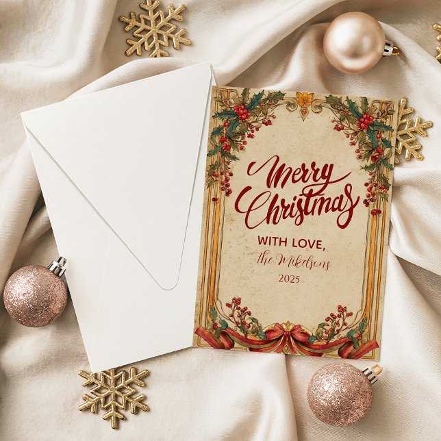 Vintage Holly and Gold Christmas Holiday Card (Creator Uploaded)