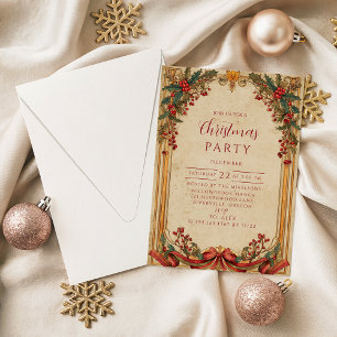 Vintage Holly and Gold Christmas Invitation