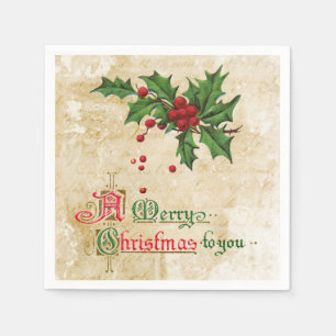 Vintage Holly and Merry Christmas Paper Napkin