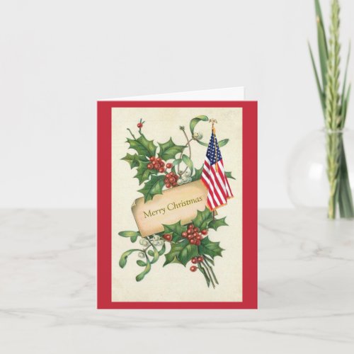 Vintage Holly Berries American Flag Holiday Card