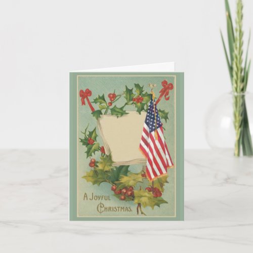 Vintage Holly Berries American Flag Holiday Card