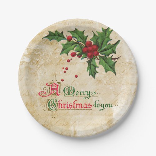 Vintage Holly Berries and Merry Christmas Message Paper Plates