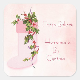 Vintage Holly Berries and Pink Stocking Holiday  Square Sticker