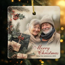 Vintage Holly Berries Beige Photo Christmas