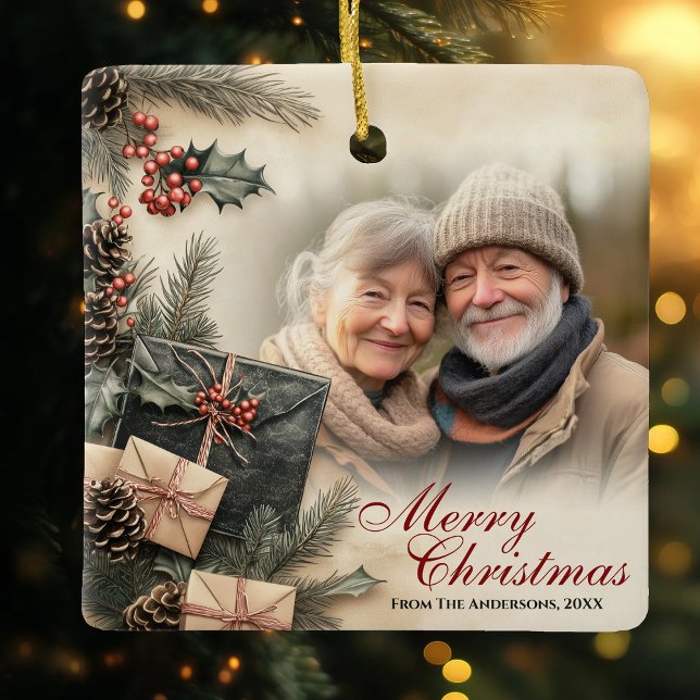 Vintage Holly Berries Beige Photo Christmas Ceramic Ornament (Vintage Holly Berries Beige Photo Christmas Ceramic Ornament)