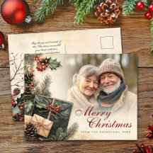 Vintage Holly Berries Beige Photo Christmas