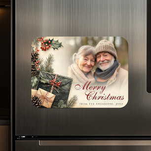 Vintage Holly Berries Beige Photo Christmas Magnet