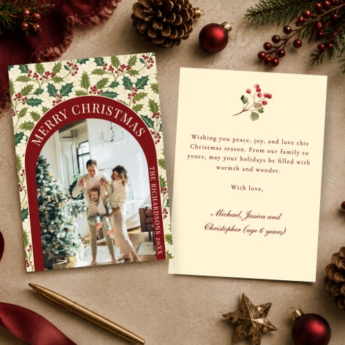Vintage Holly & Berries Botanical Christmas Photo Holiday Card