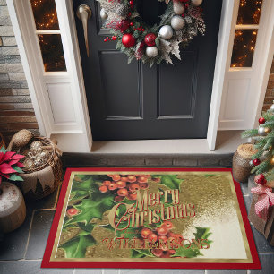 Vintage Holly Berries Christmas Door Mat