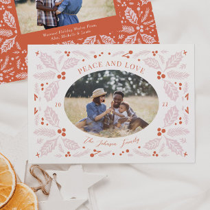 Vintage Holly Berries Oval Photo   Bright Red Pink Holiday Card