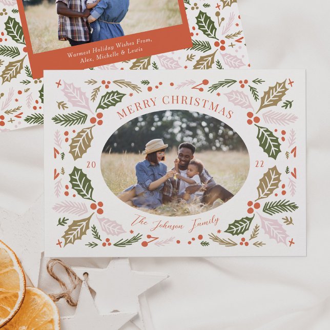 Vintage Holly Berries Oval Photo | Colorful Bright Holiday Card (Creator Uploaded)