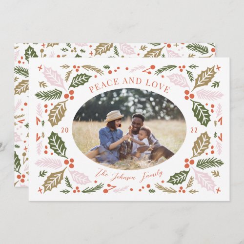 Vintage Holly Berries Oval Photo  Colorful Bright Holiday Card