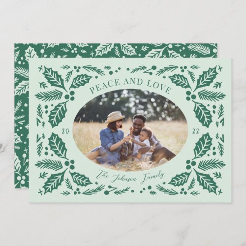 Vintage Holly Berries Oval Photo  Mint Green Holiday Card