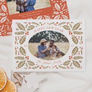 Vintage Holly Berries Oval Photo Red and Golden Holiday Card