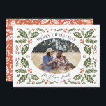 Vintage Holly Berries Oval Photo | Red and Green Holiday Card<br><div class="desc">This elegant and whimsical holiday photo card features our original hand drawn winter foliage that frames your photo with elegant curved type. The back features a matching pattern with a photo and a spot for more text.</div>