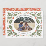 Vintage Holly Berries Oval Photo | Red and Green Holiday Card<br><div class="desc">This elegant and whimsical holiday photo card features our original hand drawn winter foliage that frames your photo with elegant curved type. The back features a matching pattern with a photo and a spot for more text.</div>