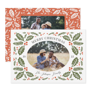 Vintage Holly Berries Oval Photo | Red and Green Holiday Card
