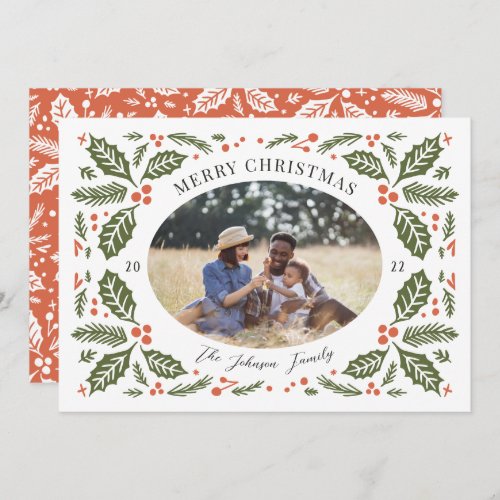 Vintage Holly Berries Oval Photo  Red and Green Holiday Card