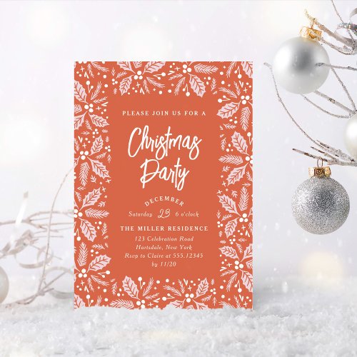 Vintage Holly Berry Christmas Party Red Invitation