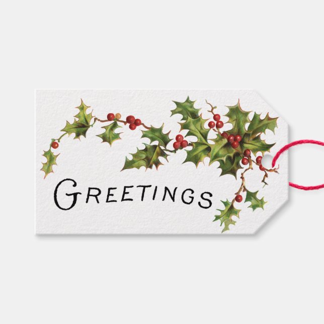 Vintage Holly Berry Greetings Gift Tag (Front (Horizontal))