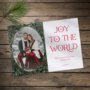 Vintage Holly Berry Joy World Christmas Letterpress Photo Cards