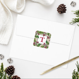 Vintage Holly Berry Monogram Initial Linen Square Sticker