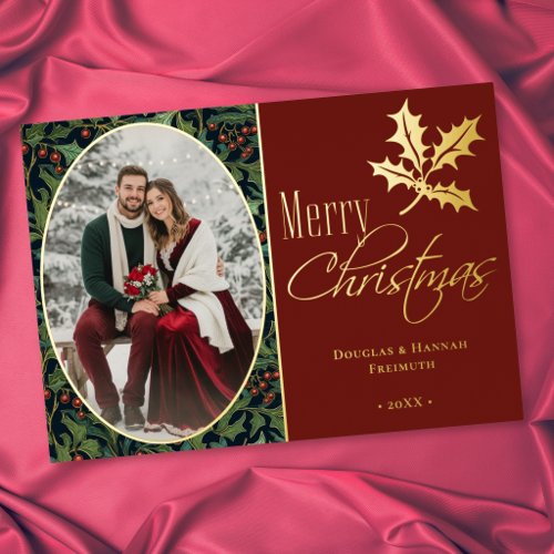 Vintage Holly Berry Red Merry Christmas Foil Holiday Card