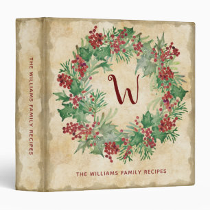 Vintage Holly Berry Wreath Monogram Name 3 Ring Binder
